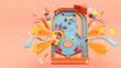 Pinball game surrounded by stars and ribbons on a pink background.-3d rendering..