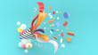 Party popper amidst the like buttons, coins, stars, ribbons among colorful balls on a blue background.-3d rendering..