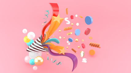 Party popper amidst the like buttons, coins, stars, ribbons among colorful balls on a pink background.-3d rendering..