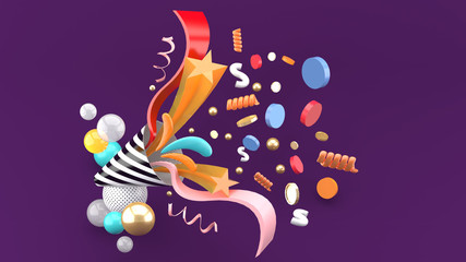 Wall Mural - Party popper amidst the like buttons, coins, stars, ribbons among colorful balls on a purple background.-3d rendering..