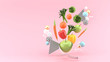 Apple wrapped with the temple line is Surrounded by vegetables on a pink background.-3d rendering.