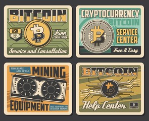 Aufkleber - Bitcoin cryptocurrency mining vector posters. Digital trade service center, ctyptocurrency exchange consultation and help. Mining equipment and blockchain technology vintage cards