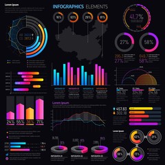 Poster - Infographics elements with vector graphs and charts. Business presentation info graphic templates with bar graphs, statistic data step and pie charts, timeline, process and option diagrams