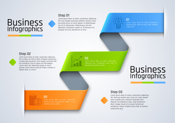 Poster - Step chart infographics of business presentation vector template. Chart, graph and diagram with 3 step, process or option layouts, flowchart or workflow info graphic with ribbon swirls, business icons