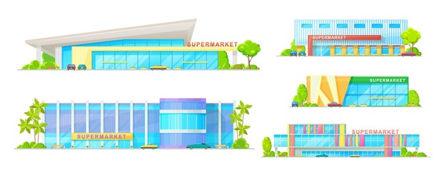 Sticker - Supermarket and store buildings vector icons. Modern store and mall exterior design, shopping mall front view with blue glass windows. Retail shop buildings with entrance, cars and green trees