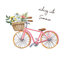 Watercolor Pink Vintage Style Bicycle With Basket And Pretty Wild Flowers. Cute City Bike With Colorful Floral Bouquet Illustration, Isolated On White Background. Hand Drawn Summer Travel Theme.