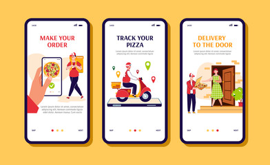 Restaurant pizza order and delivery app page set, cartoon vector illustration.