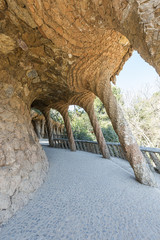 Stone colonnade in Park Guell in Barcelona