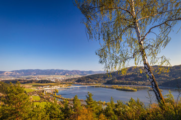 Wall Mural - Top view of the Zilina basin and the Hricov dam on the Vah river, Slovakia, Europe.