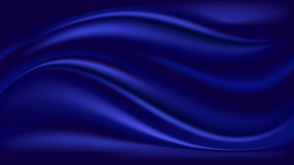 blue wave satin background. smooth shiny silk fabric texture, deep blue color flow swirl. vector ill