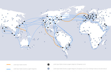 global network cable connections and information transfer system world map technology internet connection telecommunications concept infographic horizontal copy space vector illustration