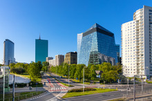 Panoramic view of Gdanski Business Center commercial quarter in northern Srodmiescie district of Warsaw, Poland, with Intraco and North Gate towers in background