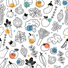 Vegetables seamless pattern. Linear graphic. Vegetables background. Scandinavian style. Healthy organic food pattern. Vector illustration