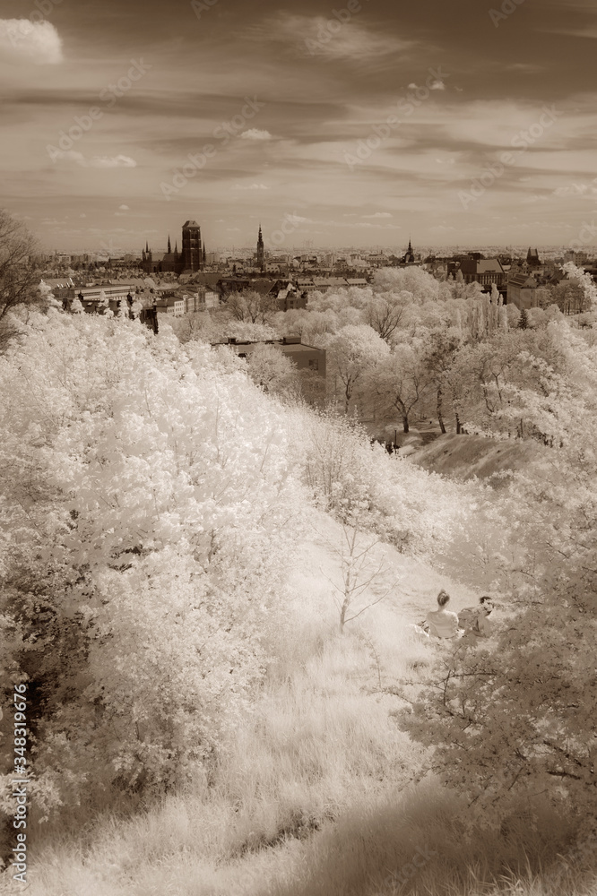 Old Town of Gdansk.  Boy and girl watching panorama from fortress of Gora Gradowa. Green vegetation in infrared (modified DSLR camera). - obrazy, fototapety, plakaty 