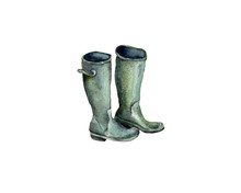 Watercolor Illustration Drawn By Hand. Green Rubber Boots For Gardening, Walking In The Rain