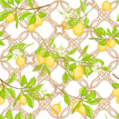 Wall Mural - Lemon tree branch with lemons, flowers and leaves and wood carving in art nouveau style, retro style. Seamless pattern, background. Colored vector illustration. Isolated on white background..