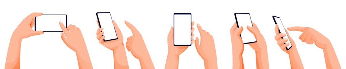 Human hands using and holding smartphone. Vector flat cartoon illustration. Touch screen mobile phone with blank display