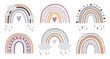 Set of rainbows with hearts, clouds, rain in childish scandinavian style style isolated on white background. Perfect for kids, posters, prints, cards, fabric.