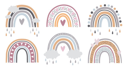 Set of rainbows with hearts, clouds, rain in childish scandinavian style style isolated on white background. Perfect for kids, posters, prints, cards, fabric.