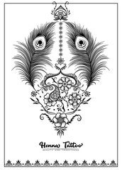 Wall Mural - Template design with traditional indian henna tattoo with peacock feather. Template for wedding invitation, greeting card, banner, gift voucher, label. Outline vector illustration..