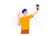 Young man using smartphone to communicate. Happy teen boy taking selfie with phone concept. Using portable device or gadget. Male cartoon character. Isolated modern vector illustration