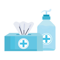 Sticker - antibacterial soap bottle damp cloths vector illustration design