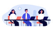 Smiling call center operators in office flat vector illustration. Cartoon characters with headsets and laptops supporting customers. Company support service and hotline concept