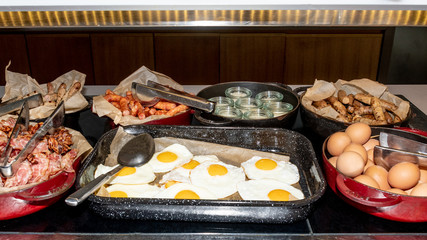 Selection of self service english continental breakfast buffet display, catering or brunch