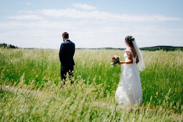 Poster - photo of a groom and a bride walking in a field