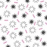 Fototapeta  - Vector Virus background. Seamless Doodle sketch with virus signs and inscription virus on white background. Pandemic. Health. Vector illustration