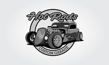 Hot Rods Costume Garage Vector Logo Template. Vector Logo Black White Design With Illustration Of Hot Rods.