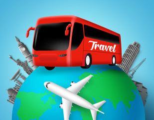 Wall Mural - travel bus vector design. travel text in transportation bus with globe element and world famous coun