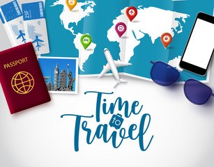 Wall Mural - time to travel vector banner template. time to travel text in white space for messages with vacation