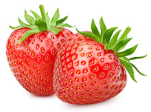 Strawberry Fresh Organic Fruit. Two Strawberries Isolated On White Background. Ripe Fresh Strawberry Clipping Path.