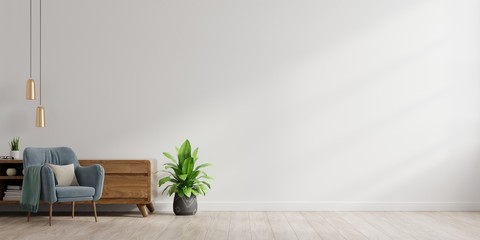 Interior of a bright living room with armchair on empty white wall background.
