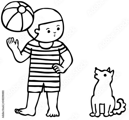ビーチボールと少年と犬 シマシマ水着 Stock Illustration Adobe Stock