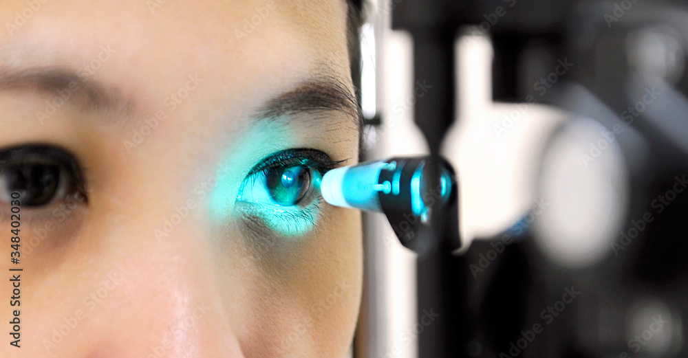 Tonometry is a left eye test that can detect changes in eye pressure - obrazy, fototapety, plakaty 