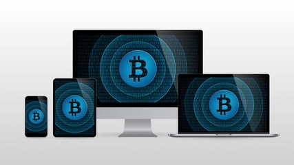 Wall Mural - Computer devices with cryptocurrency mining coin. Realistic set monitors desktop laptop tablet and phone with digital money icon in screen and light gradient background.