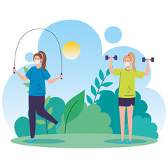 Canvas Print - women using face mask practicing exercise in landscape vector illustration design