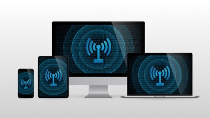 Wall Mural - Computer devices with wireless connection. Realistic set monitors desktop laptop tablet and phone with Signal icon in screen and light gradient background.