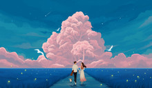 Lovers Holding Hands Are Traveling In The Countryside. Valentine's Day Illustration