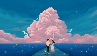 lovers holding hands are traveling in the countryside. valentine's day illustration