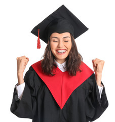 Sticker - Happy female graduating student on white background