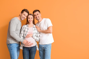 Sticker - Gay couple with pregnant woman on color background