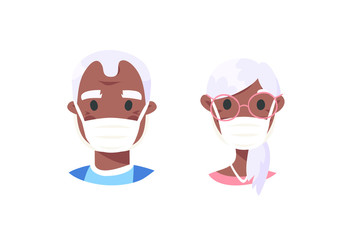 Set of elderly male and female characters. Cartoon masked people. Isolated retiree avatars. Flat illustration protected old men and women faces. Hand drawn vector drawing safe granny portraits