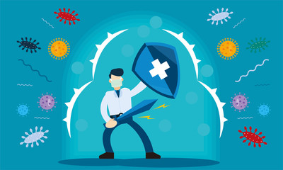 Immune system vector icon logo. Health bacteria virus protection. Medical prevention human germ. Healthy man reflect bacteria attack with shield. Boost Immunity with medicine concept illustration