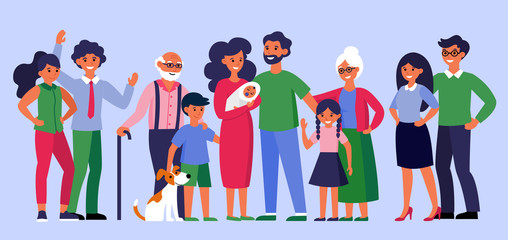 Sticker - Happy big family standing together. Young and senior couples, kids, pet flat vector illustration. Togetherness, love, generation concept for banner, website design or landing web page