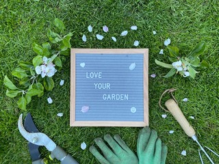 Love your garden. Gardening concept with felt letter board, handheld prune, dirty gloves and a pruned branch with blossom from an apple tree on a green lawn.