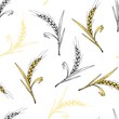 Simple vector seamless pattern. Golden spikelet of wheat, contour cereal crops, growing organic plants, seasonal harvest. Food, bread, flour. For prints of textile products, labels, packaging.