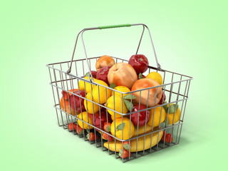 Wall Mural - grocery basket with fruit concept of fresh food sale 3d render on green gradient